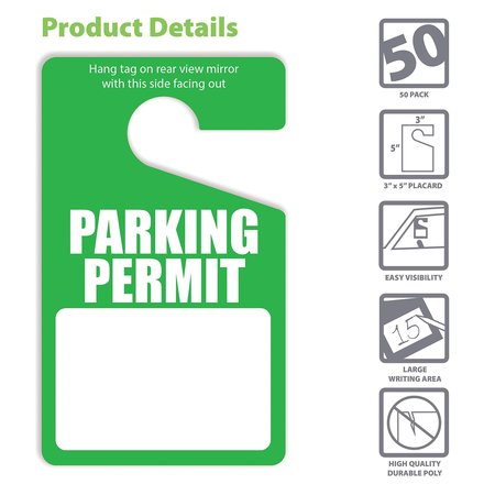 Better Office Products Green Parking Permit Hang Tags, Plastic Parking Placards, 3in. x 5in. for Rearview Mirror, 50PK 24100